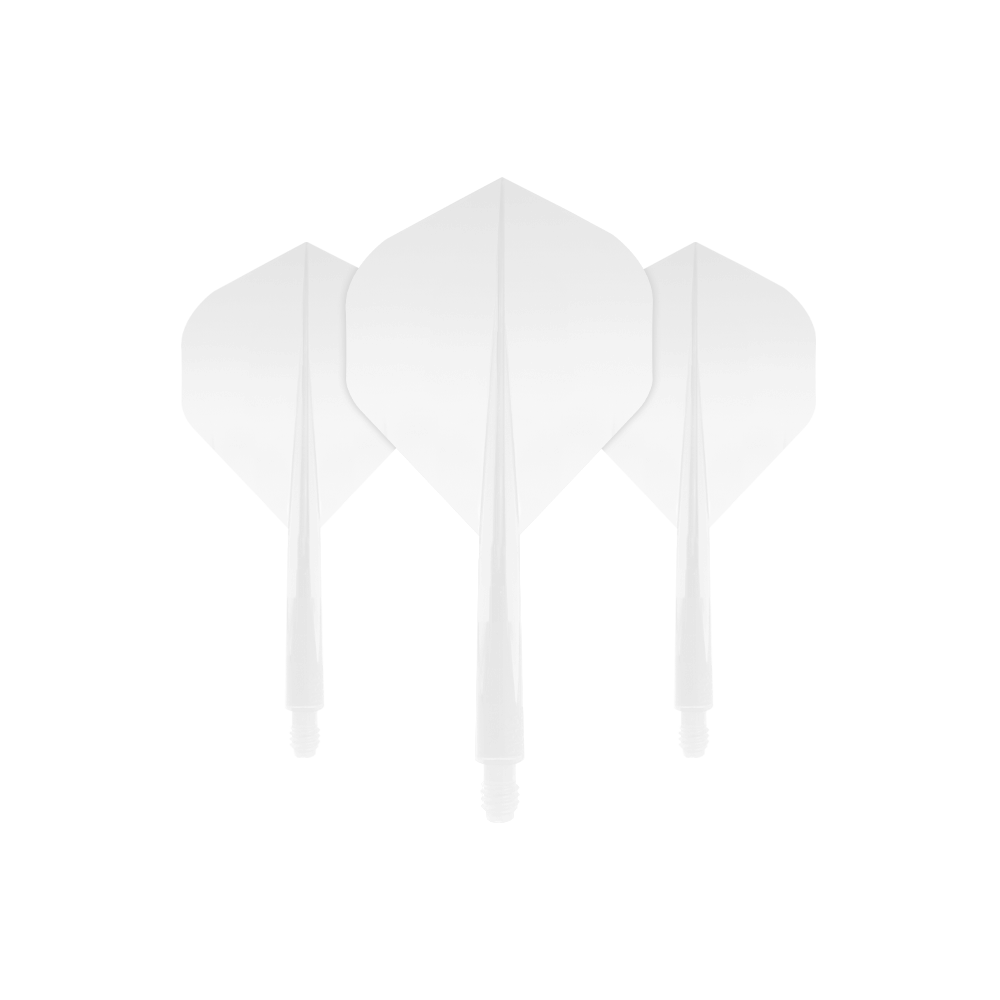 Das Bild zeigt drei weiße Dartflights mit angesetzten Schäften aus der Condor Axe Clear Flight-System Standard Serie. Sie sind in einer klaren, schlichten Optik gestaltet und nebeneinander angeordnet.